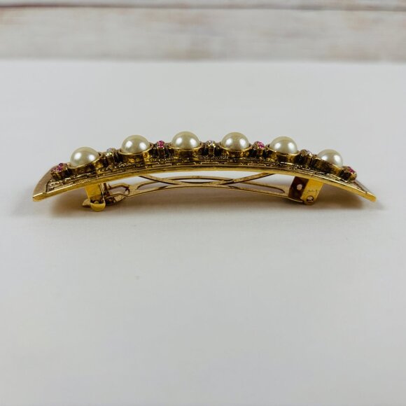 VTG Barrette Gold Tone Faux Pearls Rhinestones Hair Clasp France main image 5